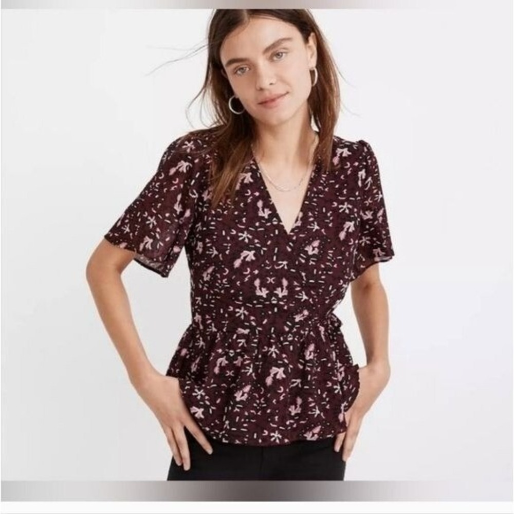 Madewell Floral Wrap Top Peplum‎ Blouse Short Sleeve Maroon Size S